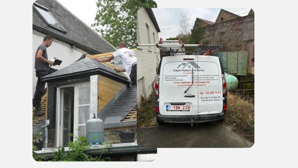 Artisans couvreurs de Nettoie et Protège Wallonie sur chantier avec camion de l’entreprise